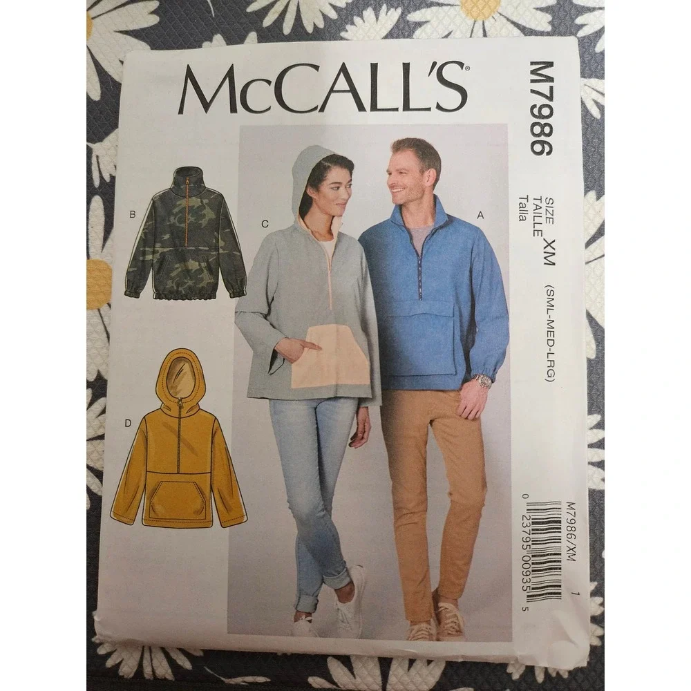 McCall's M7986 Unisex Jacket Sewing Pattern Size XM S-M-L Hooded Pullover Fleece